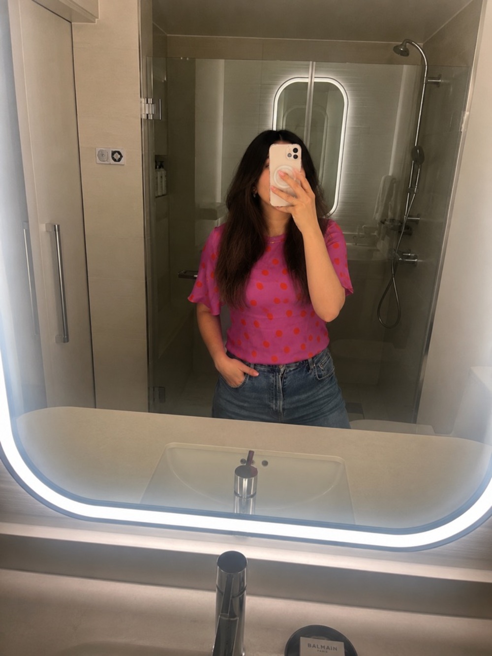 Mango Fuchsia Tee with Red Polka Dots
